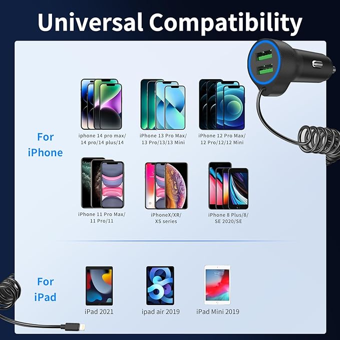 [Apple MFi Certified] USB Car Charger Plug, Aymla Dual Port Coiled Cord Auto Cigarette Lighter Adapter with 5FT Coiled Lightning Cable for iPhone 14 Pro Max/14 Plus/14/13 Pro/13 Mini/12/11/XS/XR/8