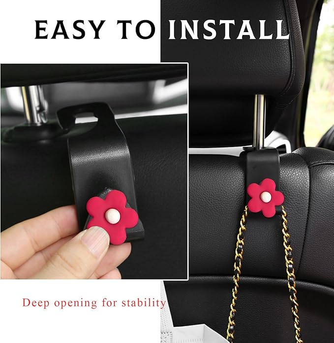 4 PCS Car Seat Headrest Hook, Plastic Headrest Hooks with Adhesive Flower, Auto Back Seat Hanger Storage Hook for Grocery Bag Purse Handbag Umbrella, Car Accessories (Red)