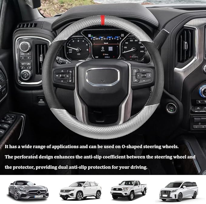 Car Steering Wheel Cover, Steering Wheel Accessories, 15 Inch Microfiber Leather Carbon Fiber Soft Anti-Slip Breathable, Car Accessories Elastic Non-Slip Cover for Most Vehicles (Gray Silver)