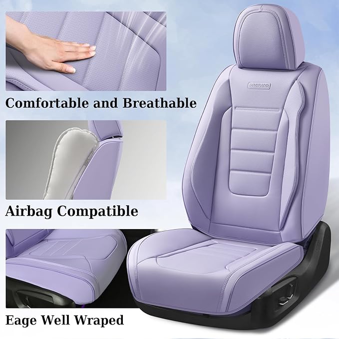 Coverado Car Seat Covers Full Set, Nappa Leather Seat Covers for Cars, Car Seat Protector Car Seat Cushion, Front and Back Seat Protectors Cushions Universal Fit for Most Cars Vehicles(Purple)