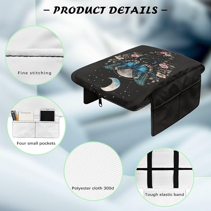 Wanyint Butterfly Flower Moon Black Car Center Console Cover Comfortable Armrest Box Mat Hand Rest Pillow for Car Seat Organizer Arm Rest Cushion Protective Cover Car Interior Decor