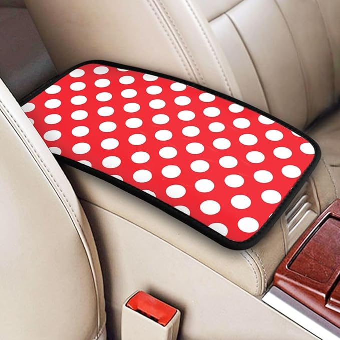 Car Armrest Cover Auto Center Console Pad Arm Rest Cushion Soft Car Accessories Universal for Most Vehicle (Red and White Polka Dot Pattern Design)