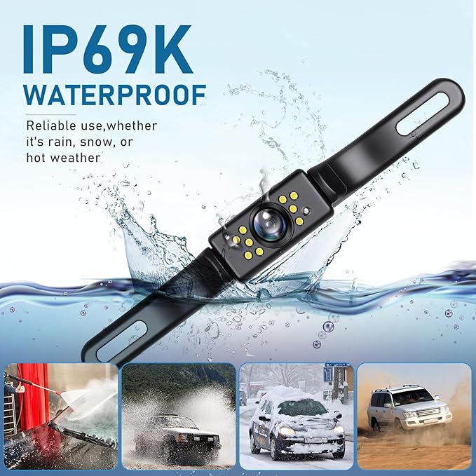 GLK Backup Camera, AHD 1080P Rear View License Plate Camera, Night Vision Reverse Camera with 9 LEDs, Wide Angle IP69K Waterproof Rear Camera for 12-24V Car Vehicle SUV RV