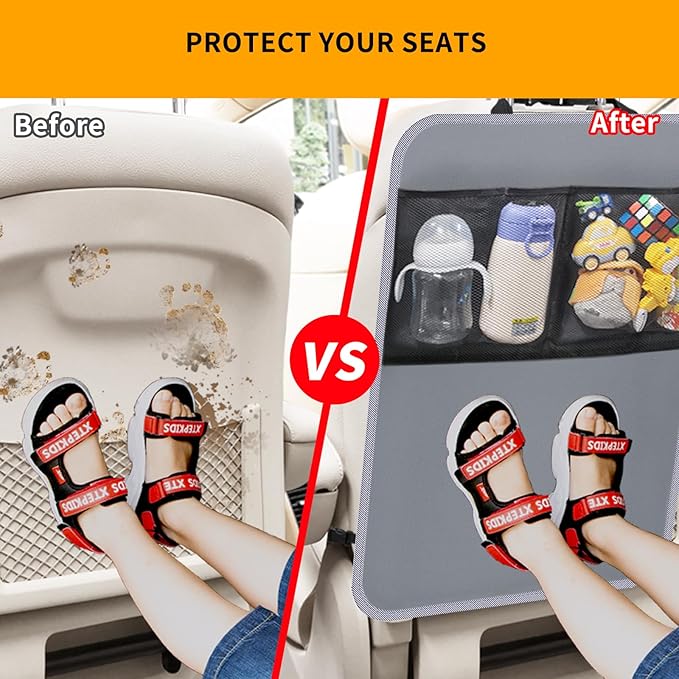 2 Pack Kick Mat Backseat Protector,Back Seat Cover for Kids,Car Seat Back Protectors with 2 Pocket Storage Organizer for Car, SUV, Minivan or Truck Seats (Grey)