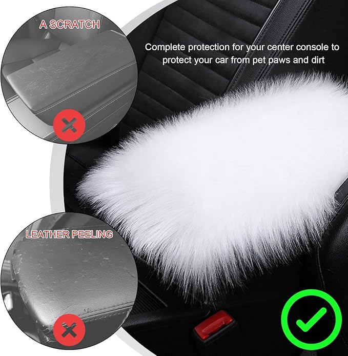 Center Console Cover, 11.81"×7.87" Automotive Fluffy Plush Center Armrest Protector, Universal Furry Comfortable Center Console Pad for Cars Trucks SUVs, Car Accessories (White)