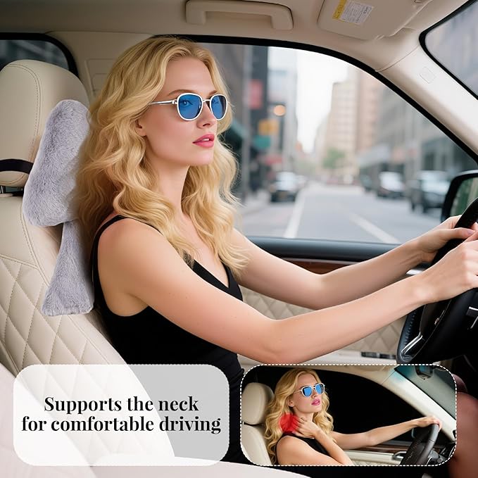 Bow Car Headrest Pillows Plush Car Neck Pillows for Travel Driving Office Chair Head Support Cushions, Also Cute Car Decor Accessories (2PCS Grey)