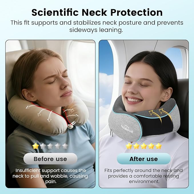 Travel Pillow-Neck Pillows for Airplanes, Memory Foam Travel Neck Pillow for Long Flights|Airport Travel Essentials 360° Support Gifts for Travellers With Eye Mask & Earplugs, Portable Carry Bag