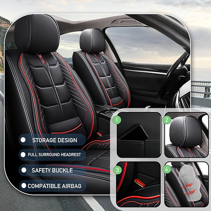 Leather Car Seat Covers Fit for Toyota Prius Prime 2017-2024, 5 Seater Car Seat Cover, Premium Waterproof, Scratch Resistant Car Interior Accessories (Full Set Black Red)