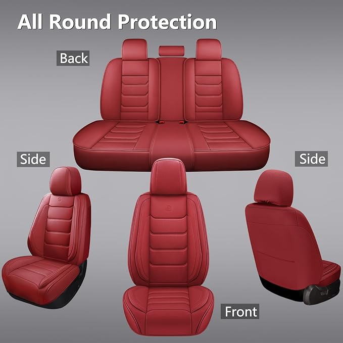 Full Coverage Faux Leather Car Seat Covers Full Set,Automotive Seat Covers for Cars,SUVs Pick-up Truck, Car Seat Cushion, Wine Red Seat Covers for 5 Seats