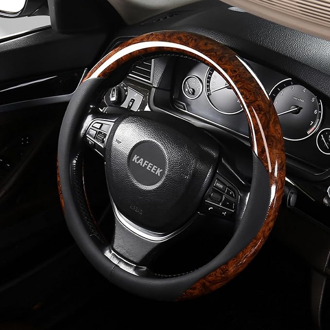 KAFEEK 16 inch Steering Wheel Cover for Ford F150 F250 F350 Ram 4Runner Tacoma Tundra Range Rover, Car Wood Grain Steering Wheel Cover Men Women, Anti-Slip, Comfortable, Odorless
