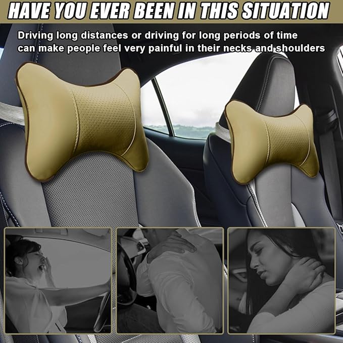 2PCS Car Neck Pillow, PU Leather Headrest Cushion with Adjustable Strap, Ergonomic Soft Headrest Pillow, Universal Multi-Function Auto Lumbar Support Accessories for Pressure Relief (Beige)