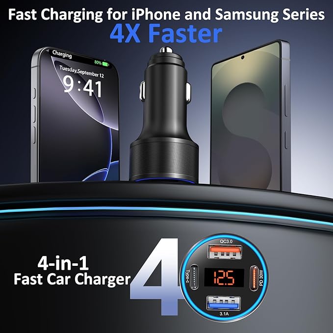 USB C Car Charger, 3 Pack 65W Multi Port Car Cigarette Lighter Adapter with 3 Pack 60W Retractable USB C Cable for iPhone 16e 16 15 Pro Max, Galaxy A16 A54 S25