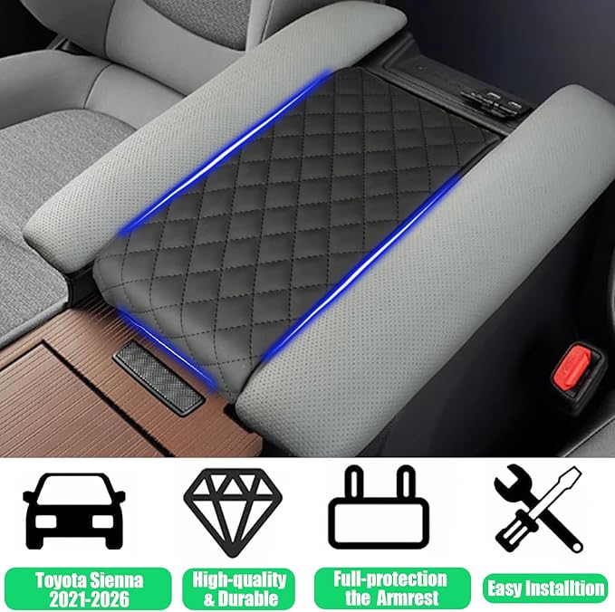 Center Console Cover for Toyota Sienna 2021-2025 2026 - Premium PU Leather Armrest Pad with Extra Padding, Scratch-Resistant & Stylish for Sienna 2026 Interior Accessories