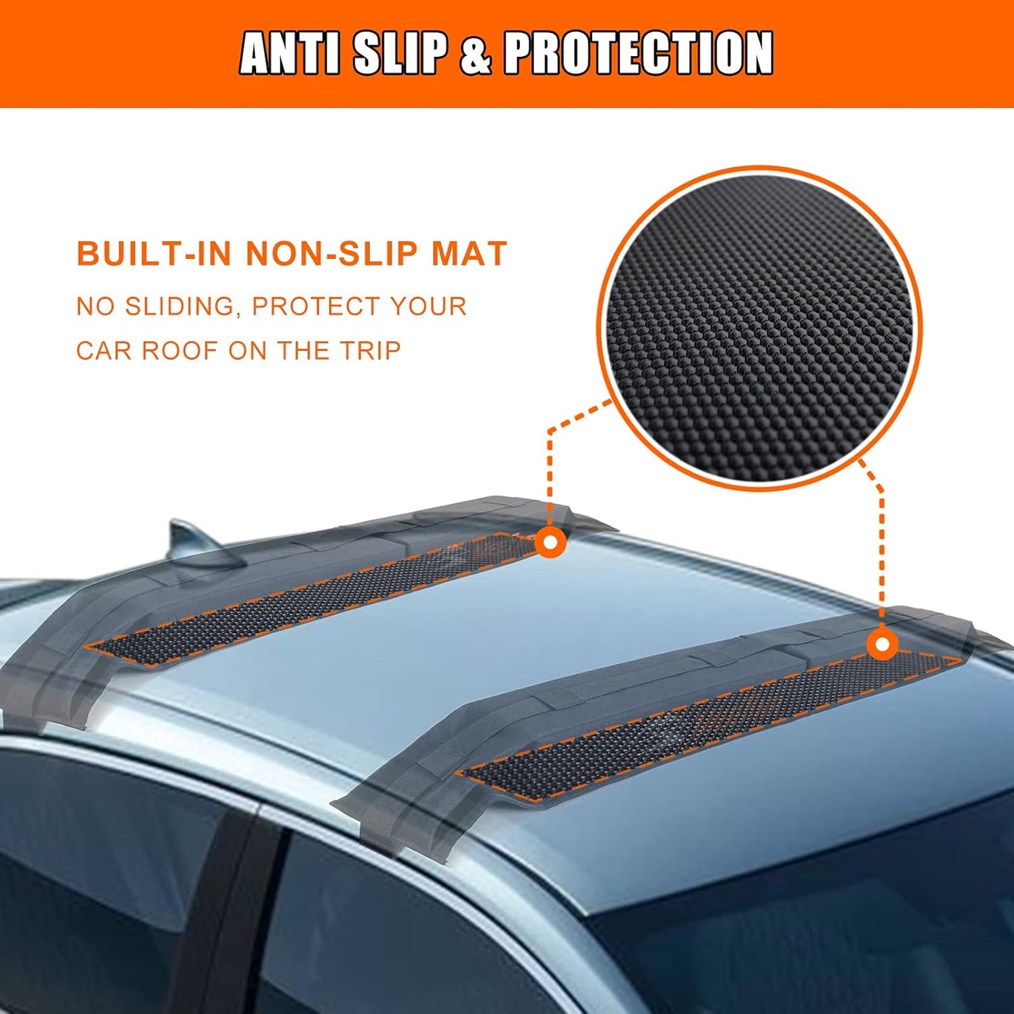 MeeFar Universal Car Soft Roof Rack Pads Luggage Carrier System for Kayak Surfboard SUP Canoe Include 2 Heavy Duty Tie Down Straps, 4 Tie Down Rope, 4 Quick Loop Strap and Storage Bag