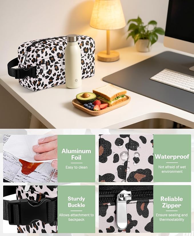 Small Insulated Snack Bag Lunch Bag for Kids Lunch Box for Women/Men, Collapsible [3L/5-Can] Reusable Lunch Bag Cooler Bag for Bottle with Handle Buckle for Work/School/Travel,Leopard Print