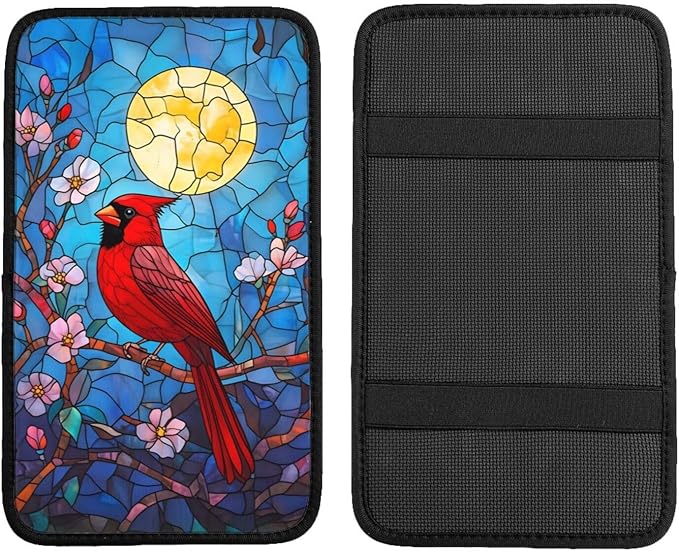 Universal Car Center Console Cushion Pad, Stained Glass Red Sparrow Soft Waterproof Car Center Console Cover Auto Armrest Seat Box Cover Protector for Most Vehicle SUV Truck Car