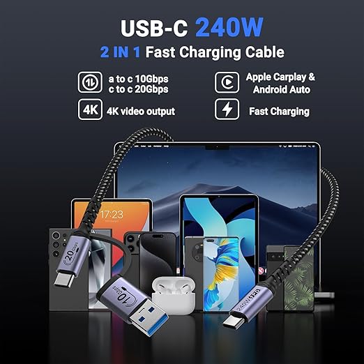 20Gbps USB C CarPlay Cable 3.3ft [2Pack],2-in-1 USB C Fast Charging & Data Transfer for Android Auto Cable, Compatible with iPhone 16 15 Pro Max,Samsung Galaxy, Pixel 9 Pro