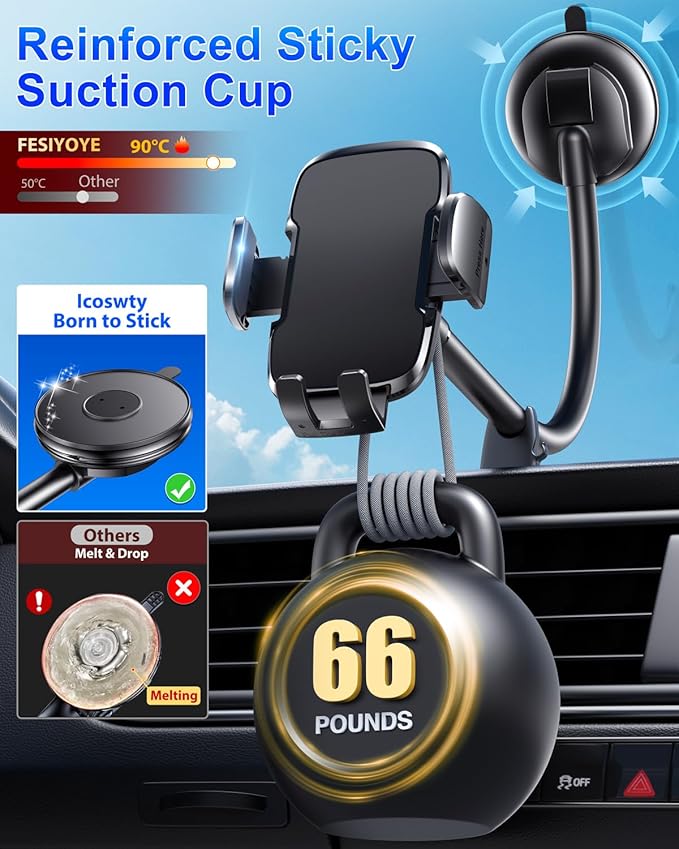 FESIYOYE Phone Mount for Car [6.2in Flexible Arm] Cell Phone Holder for Windshield Dashboard [Washable Strong Suction] Automotive Accessories Car Mount for iPhone Android Smartphone Universal Cradles