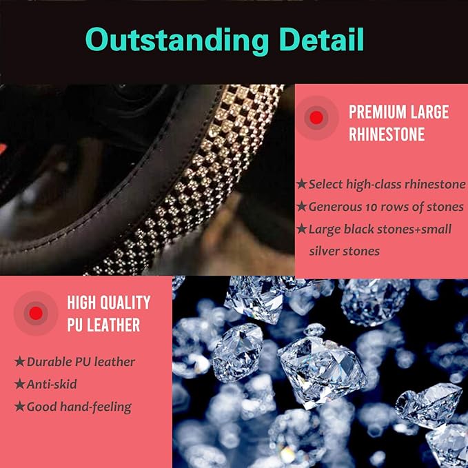 PINCTROT D Shaped Bling Comfy Steering Wheel Cover with Jumbo Crystal Rhinestones, Anti-Slip Diamond Leather, Flat Bottom 14.5-15 Inch (Black)