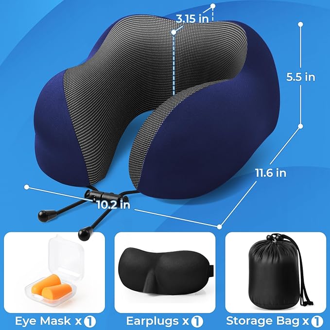 Travel Pillow, Travel Pillows for Sleeping Airplane, Neck Pillow Airplane, Memory Foam Neck Pillow Set with Eye Mask, Earplugs and Storage Bag -Blue