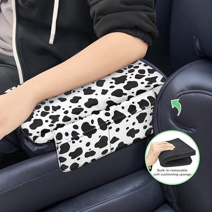 Tupalatus Black Cow Print Center Console Cover with Storage Pockets Car Center Console Replacement Easy Installation Armrest Pad for Cars Water-Resistant Fit for Most Cars, SUVs