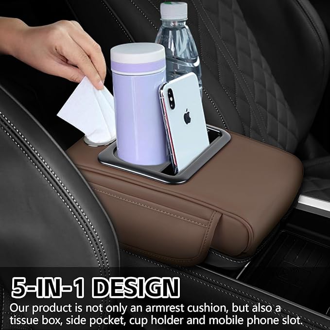 wuyaoyao Car Center Console Cover, 13.39"×8.27"×3.15" Leather Car Armrest Cover with Pocket & Tissue Box & Cup Holder, Multifunctional Auto Armrest Cushion Pad, Universal Car Accessories (Brown)