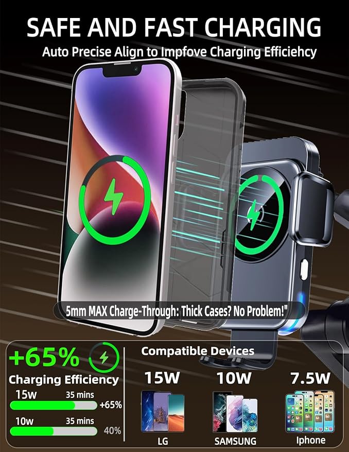 Wireless Car Charger Phone Holder Mount for Truck, 15W Fast Charging 【15 inch Long Arm】 Heavy Duty Phone Holders for Your Car Windshield Dashboard Accessories, for iPhone 17 16 15 14 13 12