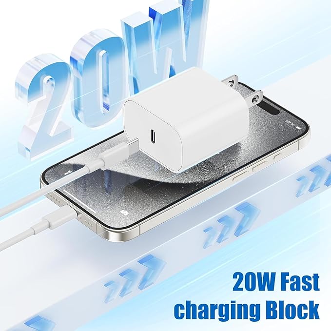 iPhone 17 16 15 Fast Charger Block and 10ft Type C to C Cable Cord Long, 20W USB C Charging Plug for Apple iPhone 17 Pro Max/17 Air/16 Pro Max/16/15 Pro/15 Plus/iPad Mini,Wall Power Adapter Cube Brick