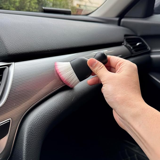 Car Detailing Brush, Soft Bristle Cleaning Brush, Scratch-Free Auto Duster Tool for Dashboard, Air Vents, Leather & Interior Cleaning (Black&Pink)