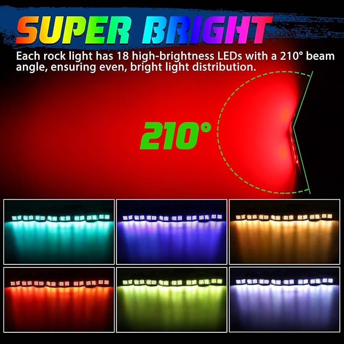 8 Pods RGB Rock Lights for Trucks,Multi Chasing Color App/Remote Control Led Rock Lights with Music Mode Underglow Kits for Cars Jeep UTV SUV ATV