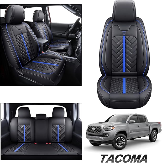 Tomatoman Tacoma Car Seat Covers Compatible with Toyota Tacoma 2005-2015 2016-2023 2024 2025 2026 Truck Access Crew Double Cab TRD Sport Offroad Limited SR5 V6 Cushions(Full Set/Black-Blue)