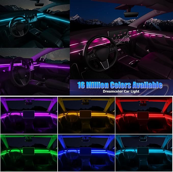 Acrylic Interior Car LED Strip Light with APP, RGB 6 in 1 with 175 inches 600 LEDs Fiber Optic Ambient Lighting Kits, 16 Million Colors Sound Active Function Car Neon LED Strip for Car