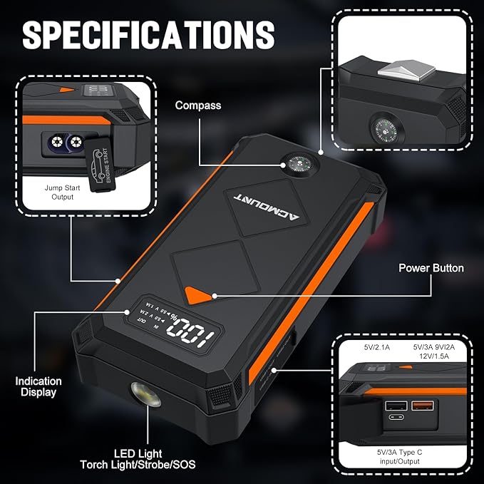 Acmount P110 Car Jump Starter, 6000A Peak Lithium Jump Starter Battery Pack for Up to 10.0L Gas or 8.0L Diesel Engine, Safe 12V Portable Battery Starter Power Pack with LED Screen & LED Light - Orange