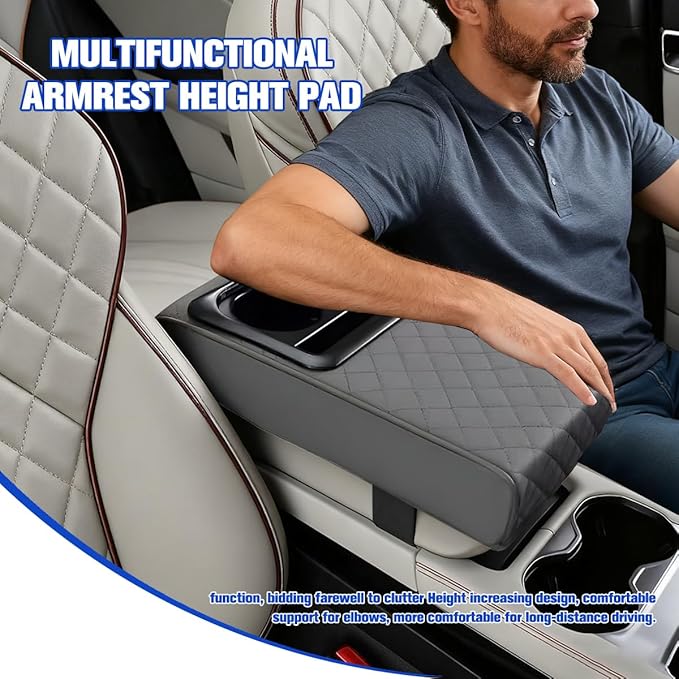 Car Center Console Armrest Pillow, Vehicle Armrest Seat Box Cushion Pad with Cup Holder & Phone Holder, Comfortable Auto Middle Console Cover, Universal for SUV RV Truck (Diamond, Gray)