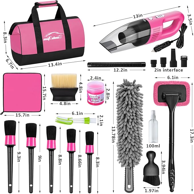 AUTODECO Car Cleaning Kit, Car Vacuum Interior Detailing Cleaner Kit with High Power Handheld Vacuum, Brush Set, Windshield Tool, Duster, Towels, Complete Car Care Tools for Women (Pink)