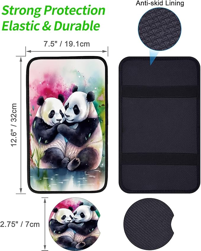 Car Armrest Cover Pads Universal Fashion Cute Auto Center Console Armrest Cover Pad with 2PCS Car Coasters Soft Waterproof Car Armrest Seat Protector for Women Girls, Cute Panda