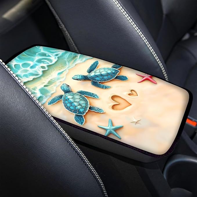 Suobstales Beach Turtle Starfish Heart Print Car Armrest Pad Soft Center Console Arm Rest Protector Cover Universal Car Interior Accessories Decoration