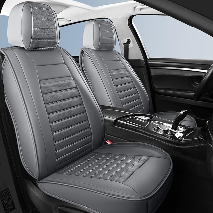 Leather Car Seat Covers, Waterproof Horizontal Stripes Front and Rear Car Seat Cover, Breathable Automotive Seat Covers for Sedan SUV Pick-up Truck (5 PCS Full Set, Grey)