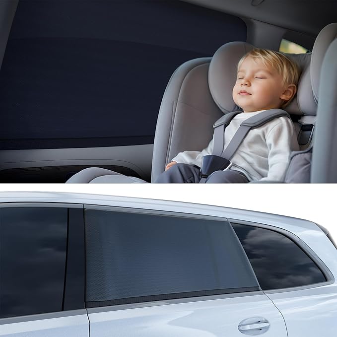 Car Window Shades for Baby[Ice Crystal Cooling Layer](2 Pack) UV-Blocker Cling Sun Shade 99% UV Protection Fit SUV/Sedan/Minivan | Roll Windows Down, Privacy Safe Medium