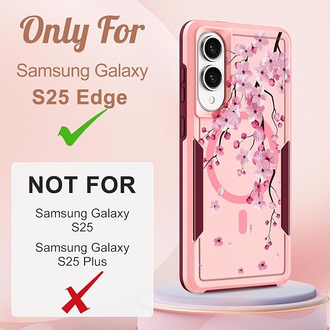 for Samsung Galaxy S25 Edge Case - Compatible with MagSafe Women Girls Cute Magnetic Protective Phone Cover Girly Flowers Blossom Heavy Duty Shockproof Design for Samsung S25 Edge Case