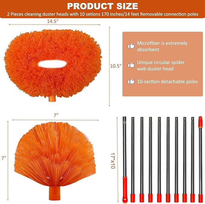 20+ Feet High Reach Dusting Kit, Cobweb Duster & Ceiling Fan Duster with 3-14 ft Extension Pole for Cleaning, Microfiber Feather Duster Cleaner for Cleaning Walls Bookshelves Furniture Door Window