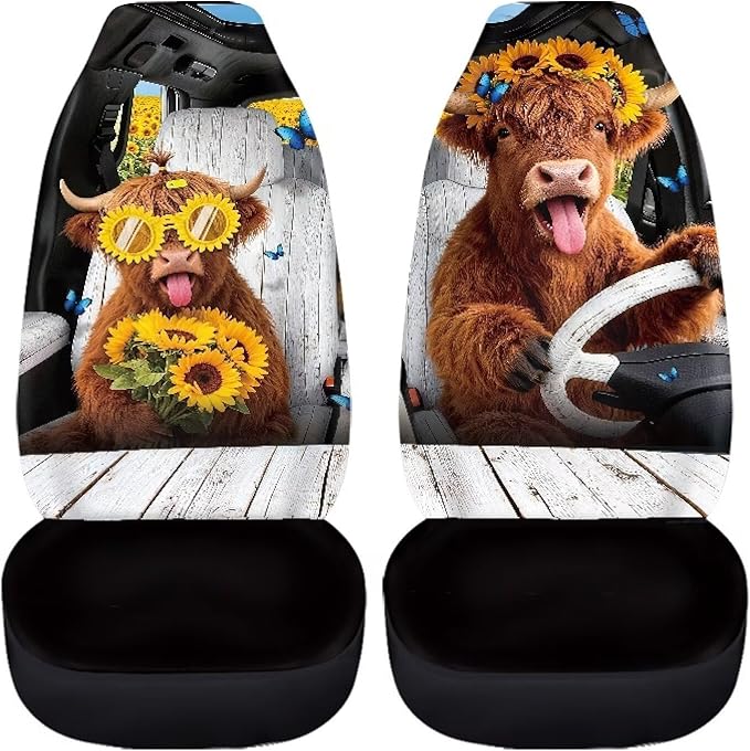 Highland Cow Car Front Seat Covers Set of 2 Nonslip Car Seat Covers Front Seats Only Stretch Polyester Fabric Cover Cars Seats Covers Protector for Cars Sedans SUVs
