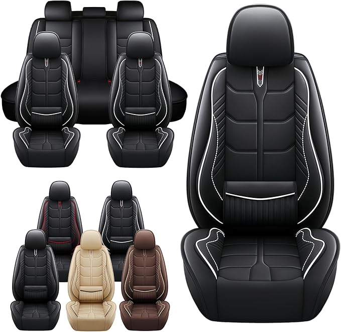 Leather Car Seat Covers Fit for Toyota Matrix 2003-2013, 5 Seater Car Seat Cover, Premium Waterproof, Scratch Resistant Car Interior Accessories (Full Set Black White)