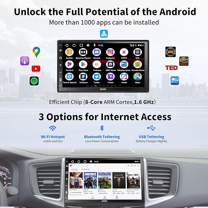 ATOTO A6 PF Android 7" Double DIN Car Stereo, 8-core 2+32GB, Wireless CarPlay & Android Auto QLED Touch Screen, WiFi/BT/USB, AI Chat&GPS Tracking, Dual Bluetooth, DSP/FM/SWC/LRV, MirrorLink,A6G2B7PF
