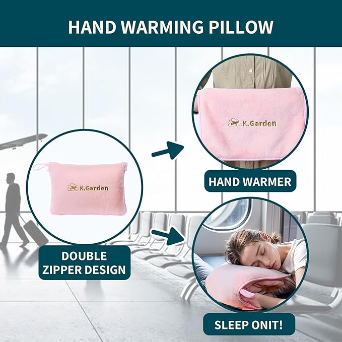 K.Garden Travel Cooling Blanket and Pillow- Soft 2 in 1 Airplane Compact Flight Essentials Car Pillow Travelers Gifts Accessories Compact Pack Blanket for Any Travel with Luggage Backpack Strap,Pink