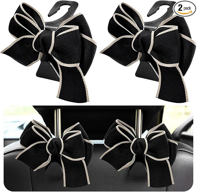 2 PCS Car Seat Headrest Hooks, Cute Bow Shaped Vehicle Backseat Storage Hooks, Leather Bow Shaped Sturdy Car Seat Back Hooks for Purses/Coats/Umbrellas, Car Accessories (White Edge)