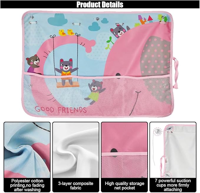 Car Window Shade for Baby, Blackout Car Window Curtain with Storage Pockets & 7 Suction Cups, Cartoon Pattern Cars Side Window Sun Shade Cover for Sun/Heat/UV Rays Protection (Pink-Elephant)
