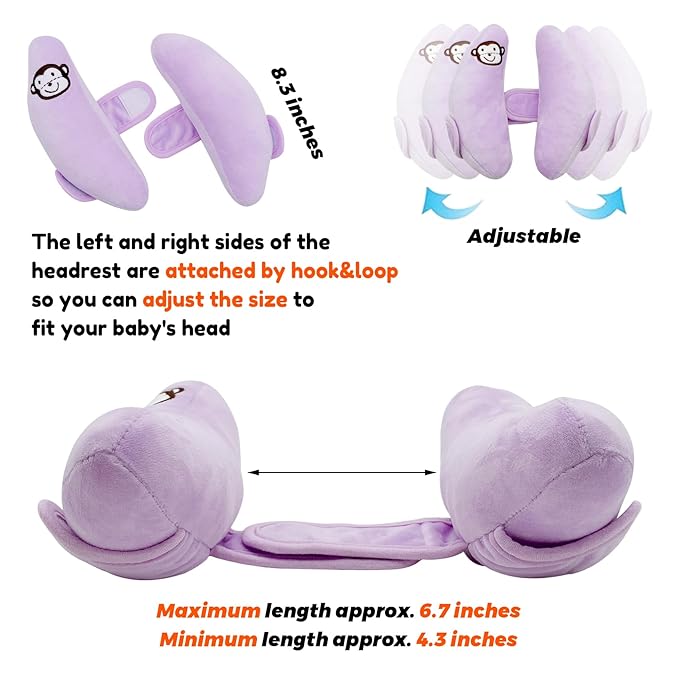 Baby Car Seat Head Neck Support,Adjustable Travel Pillow for Toddler,Portable Travel Pillow for Kids,U-Shape Travel Headrest Cushion,Baby Neck Pillows for Pushchair,Purple