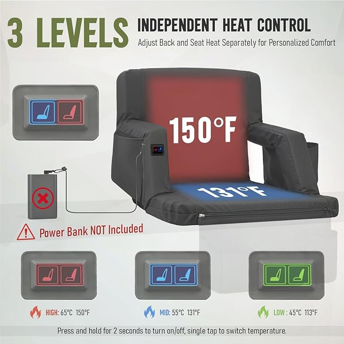 Overmont Heated Stadium Seat with Back Support – 3 Heat Levels, Dual-Zone Independent Control, 6-Position Recliner, Wide Cushion Dual Hooks Multiple Pockets – Bleacher Chair for Sport Camping Concerts