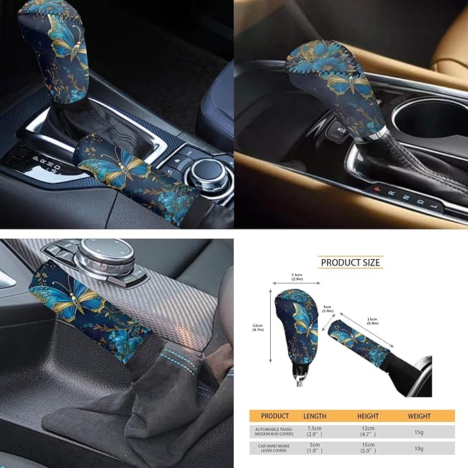 FKELYI Floral Butterfly Car Interior Set - 10 Pack Cushions, Headrests, Gear Shifter, Handbrake & Steering Wheel Covers with Cup Coasters